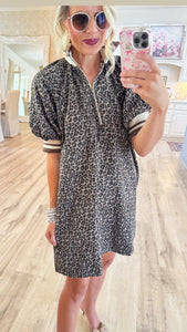 Mocha Leopard Print Raglan Puff Sleeve Mini Dress