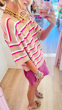 Beige and Pink Stripe Crew Neck Sweater