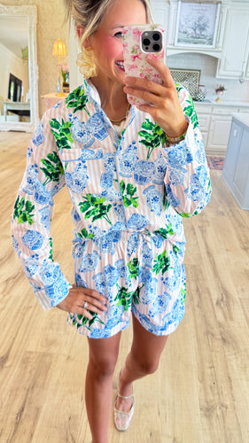 Light Pink and Blue Stripe Ginger Jar PJ Short Set