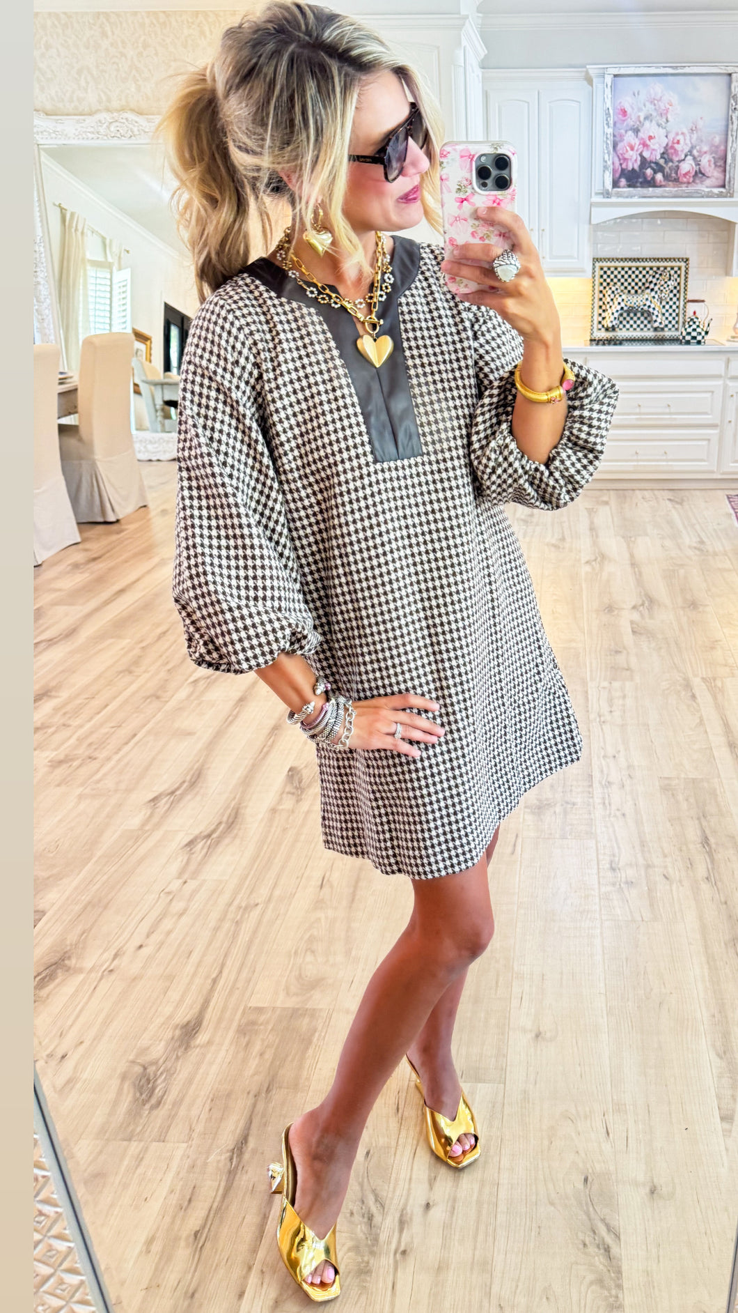 Brown Houndstooth Balloon Sleeve Dress