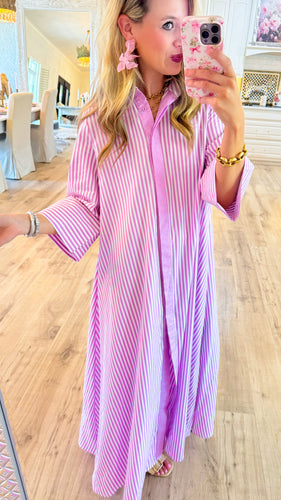Off White and Orchid Stripe Maxi Shirt Dress