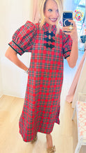 Red Tartan Plaid Puff Sleeve Midi Dress