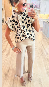 Off White Leopard Pattern Ruffle Neck Top