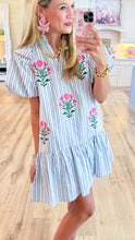 Light Blue Striped Floral Embroidered Dress