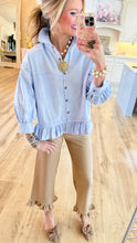 Restock Peri Blue Ruffle Hem Button Down Top