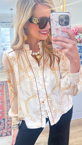 Beige Multi Chain Print Button Down Top