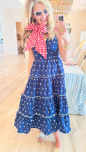 Navy Polka Dot Smocked Midi Dress