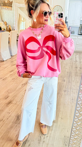 Bubble Gum Bow Print Washed Terry Pullover