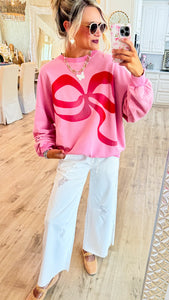 Bubble Gum Bow Print Washed Terry Pullover