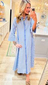 Blue Gingham Button Down Midi Dress  Charlotte Heart Boutique