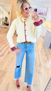 Cream Plaid Trimmed Cardigan