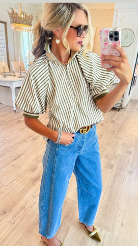 Olive Stripe Half Zip Top