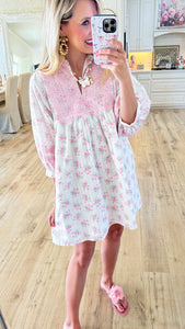 White and Pink Floral Embroidery Mini Dress