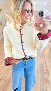 Cream Plaid Trimmed Cardigan