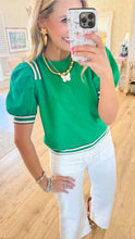Green Textured Knit Puff Sleeve Top
