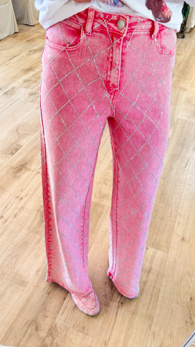 Pink Rhinestone Wide Leg Jeans