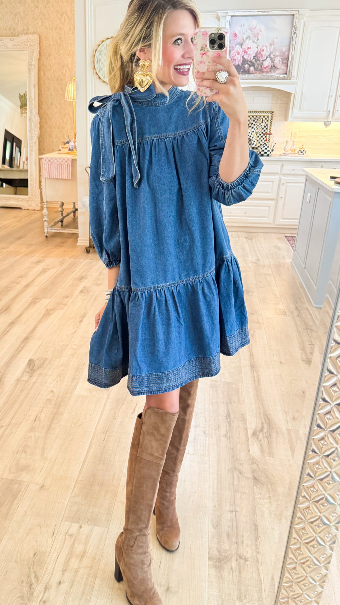 Dark Denim Bow 3/4 Sleeve Dress Charlotte Heart Boutique Dark Denim Bow 3/4 Sleeve Dress Charlotte Heart Boutique