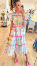 Pastel Plaid Flutter Sleeve Maxi Dress