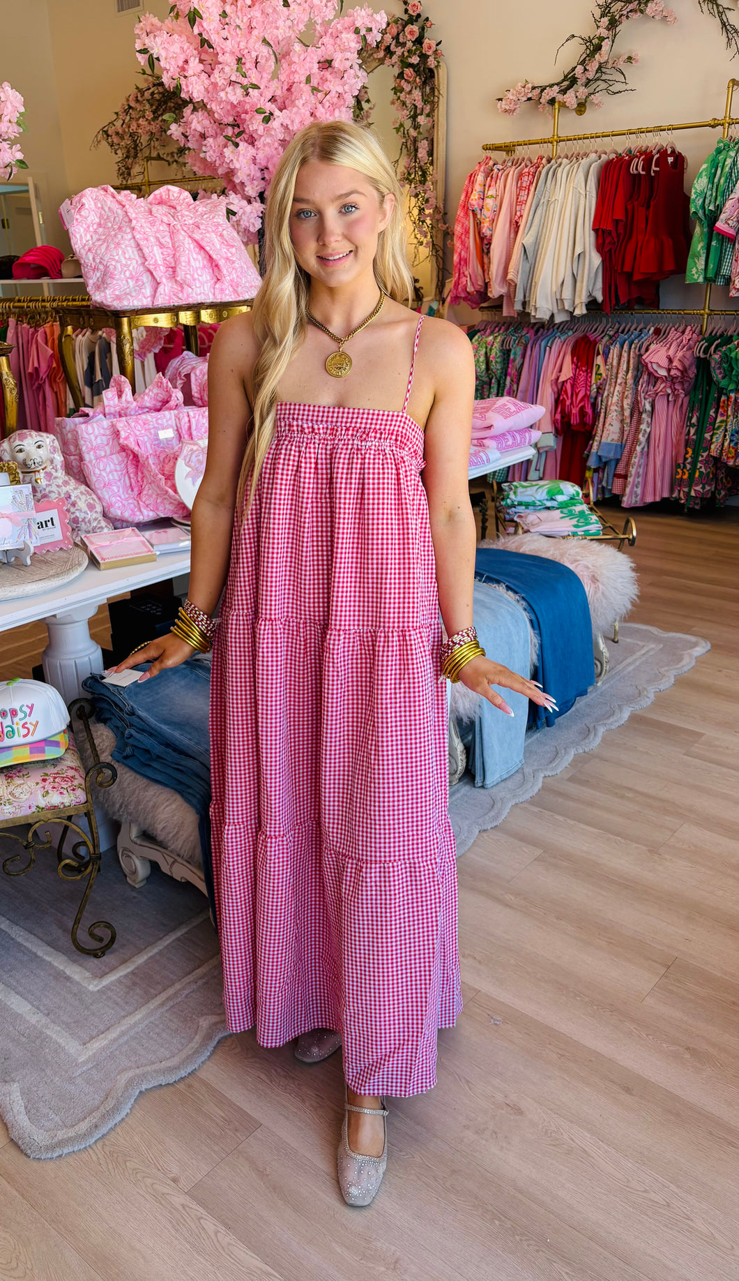Red Gingham Tiered Midi Dress – Charlotte Heart Boutique