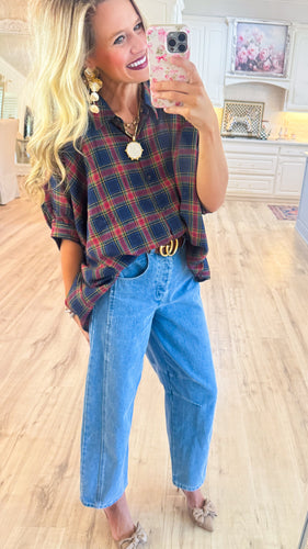 Navy Multi Oversized Button-Down Plaid Shirt