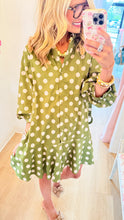 Olive Polka Dot Long Puff Sleeve Mini Dress