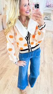 Oatmeal and Orange Pumpkin Knitted Cardigan