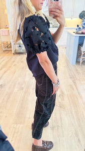 THML Black Eyelet Detail Puff Sleeve Blouse