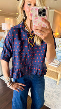 Navy and Rust Polka Dot Ruffle Hem Top