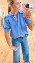 Blue Embroidered Collar Top