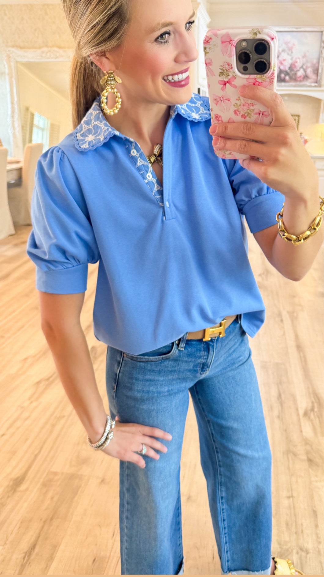 Blue Embroidered Collar Top