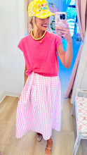 Pink Short Sleeve Layered Gingham Midi Dress