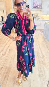 Navy Mix Floral Ruffle Trim Midi Dress