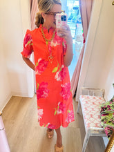 Coral Floral Ruffle Neck Midi Dress