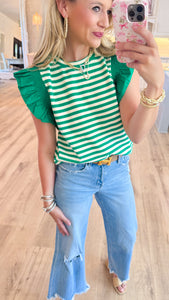 Emerald Stripe Ruffle Sleeve Top