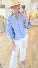 Blue Eyelet Button Up Top