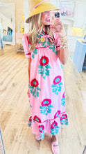 Pink Floral Mandarin Collar Midi Dress