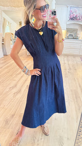 THML Denim Cap Sleeve Pleated Midi Dress