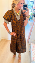 Brown Leopard Puff Sleeve Midi Dress