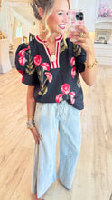 Black Floral Print Puff Sleeve Top