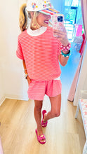 Red and Pink Stripe Short Sleeve Mockneck Short Set