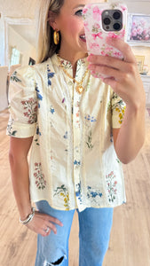 Cream Floral Print Lace Trim Top