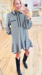 Black Gingham Scallop Trim Mini Dress