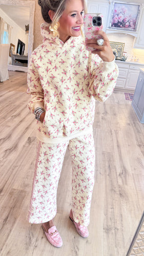 Cream and Dusty Pink Floral Hoodie Pant Set