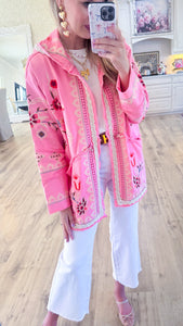 Deal of the Day Pink Embroidered Open Cardigan