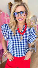 Blue and White Plaid Ruffle Cap Sleeve Top