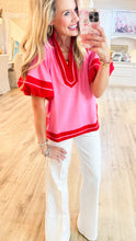 Pink and Red Contrast Puff Sleeve Top