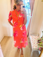 Coral Floral Ruffle Neck Midi Dress