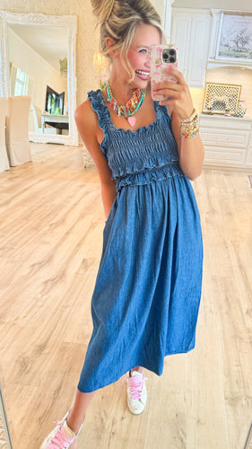 Medium Denim Ruffle Maxi Dress