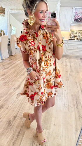 Taupe and Red Floral Mini Dress