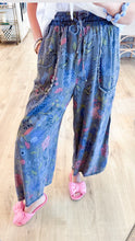 Black Denim Floral Print Washed Chambray Pants